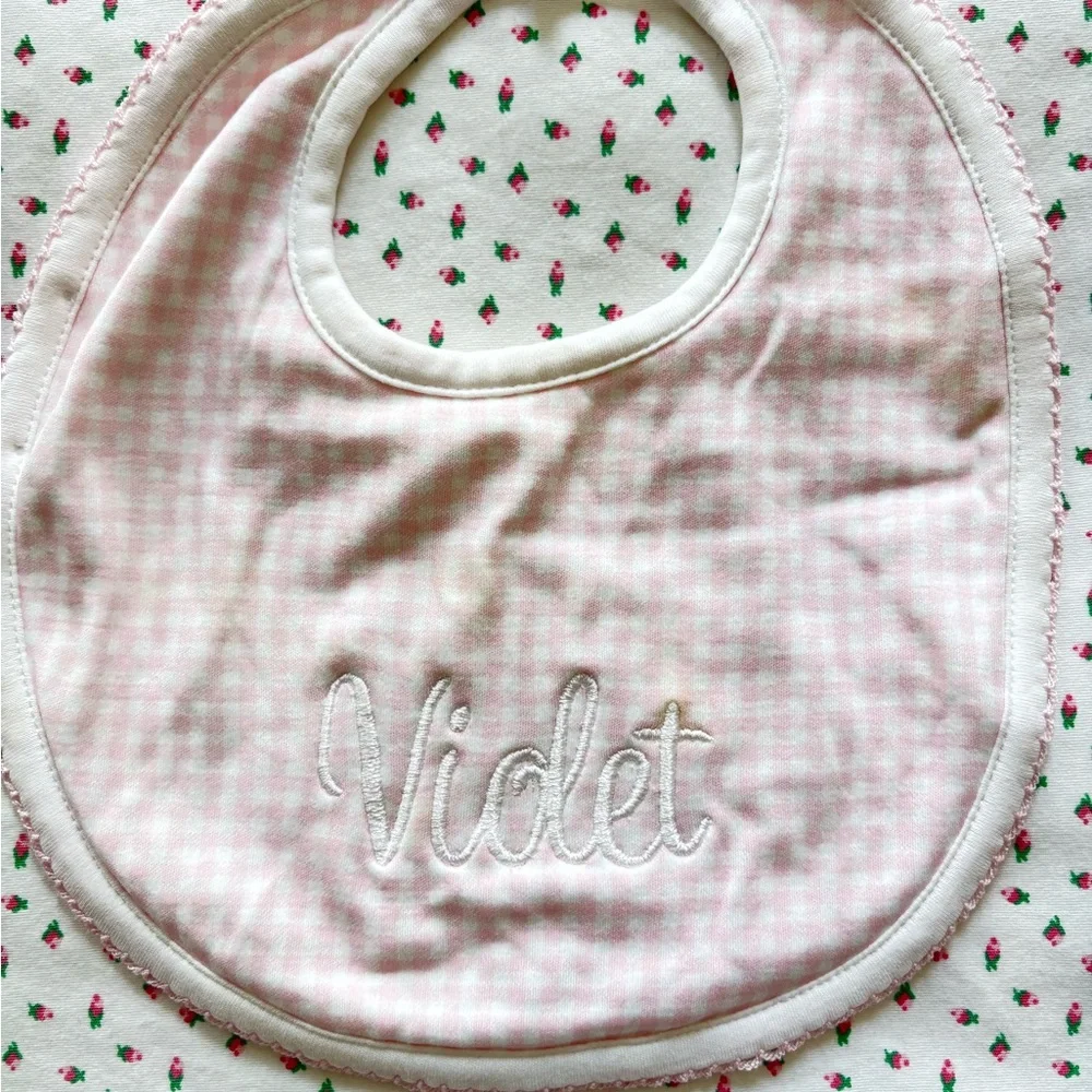 Pink Gingham and White Cotton Baby Bibs with “Violet” Monogram